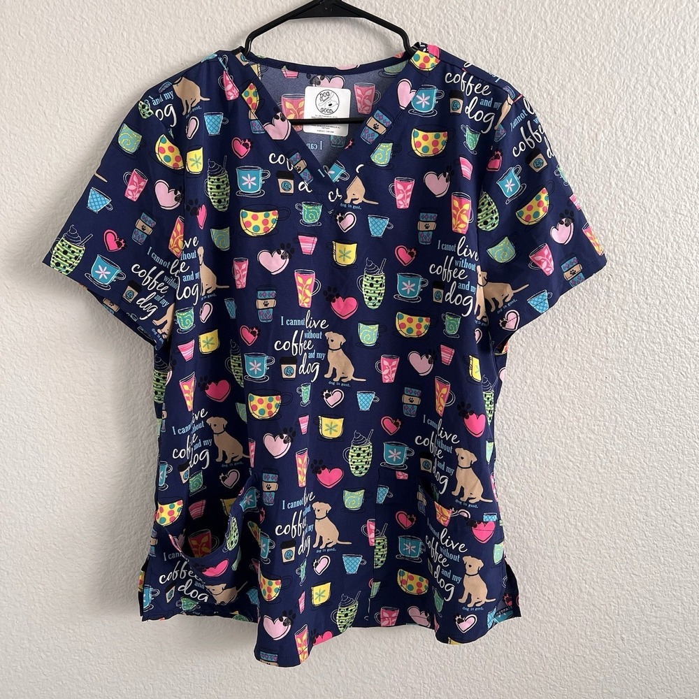 Dog is Good Large Scrub Top Coffee and Dogs Short Sleeve Stretch